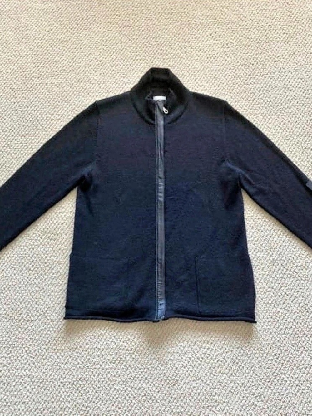 Chico’s Black Wool Blend Full Zip Coat Jacket Leather Trim Stretch Size 1 EUC